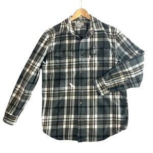 Carhartt Mens M Grey Orange Plaid Flannel Button Down Shirt Two Pocket Workwear